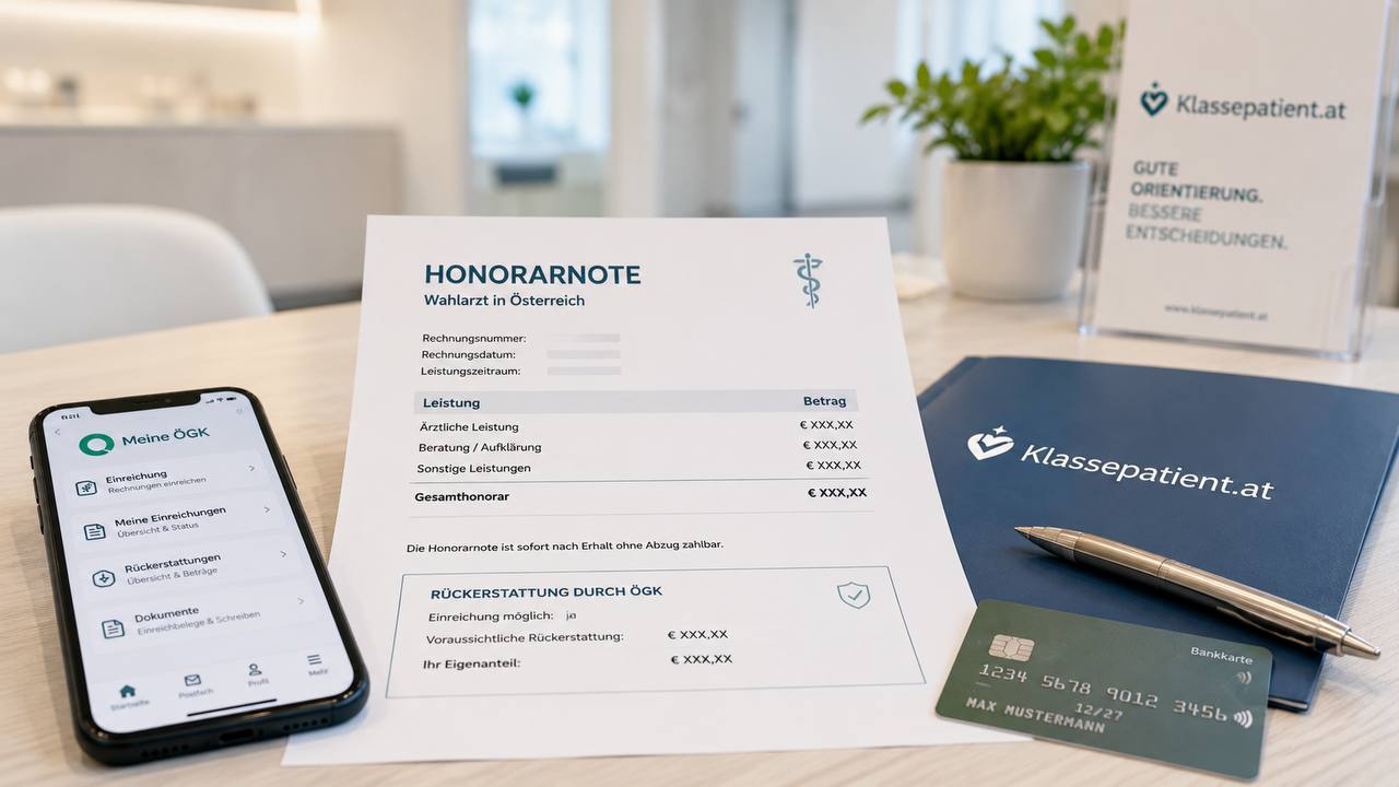 Klassepatient.at Ratgeberbild zu Wahlarzt Kosten, Honorarnote und Rückerstattung in Österreich